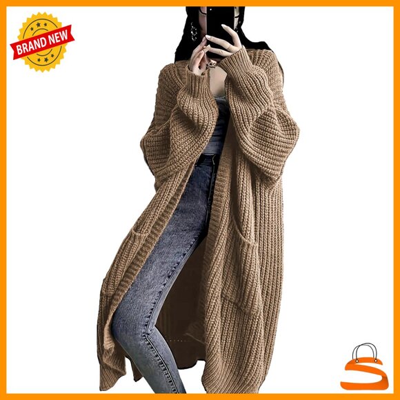 Oversized Long Cardigan Sweater with Pockets Chunky Cable Knit V-Neck